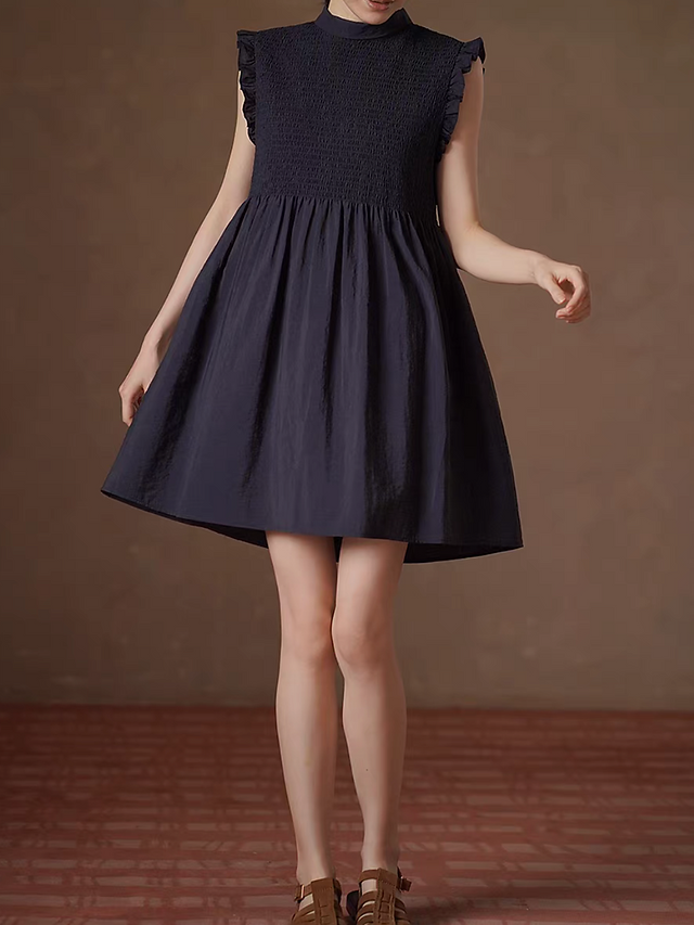 Ruffles trim lyocell poly ruffled midi back knot navy sleeveless dress 8