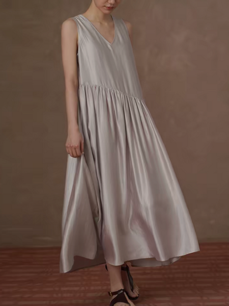 Greyish champagne color V neck tiered poly satin maxi sleeveless dress