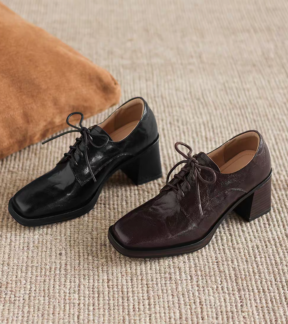 Thumbnail: Square toe embossed lambskin chunky heel lacing shoes
