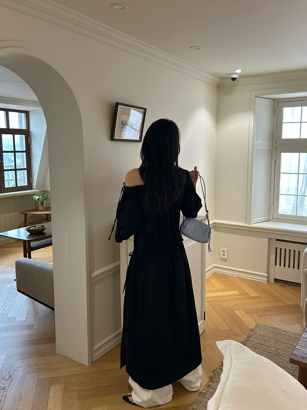 Thumbnail: Two way drape shoulder ribbon mid sleeves side pockets dress