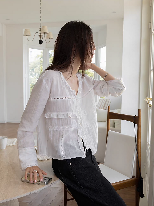 Ruffles laced trim drawstring cotton rayon lyocell blouse 8