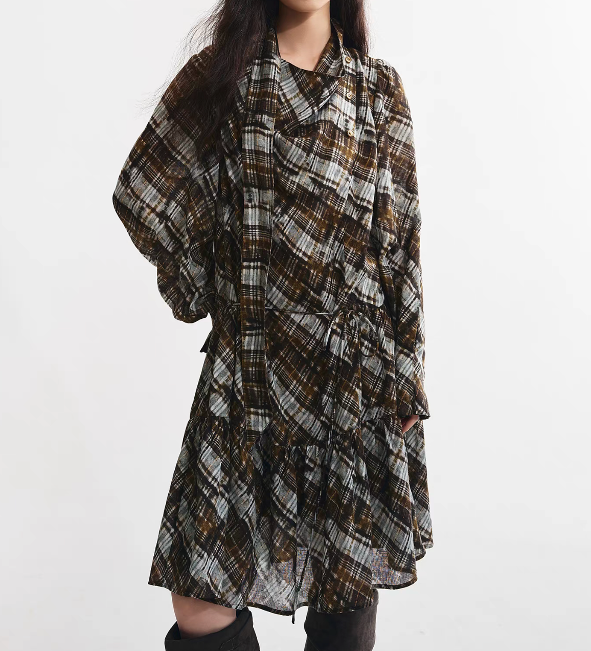 Lyocell linen collaratte asymmetric mocha blue patterned checker dress