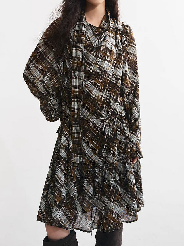 Lyocell linen collaratte asymmetric mocha blue patterned checker dress 1