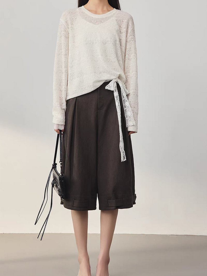 Floral crochet ivory crewneck tencel wool rayon tee / blouse 9