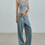 Thumbnail: High waisted acid washed light blue denim straight jeans