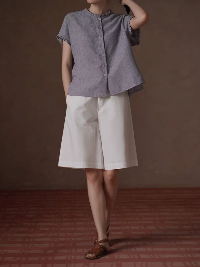 Pleated trim poly greyish blue buttoned blouse 2