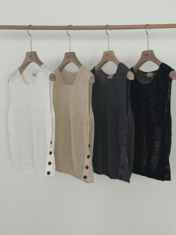 Linen nylon side buttoned crewneck knitted vest 8