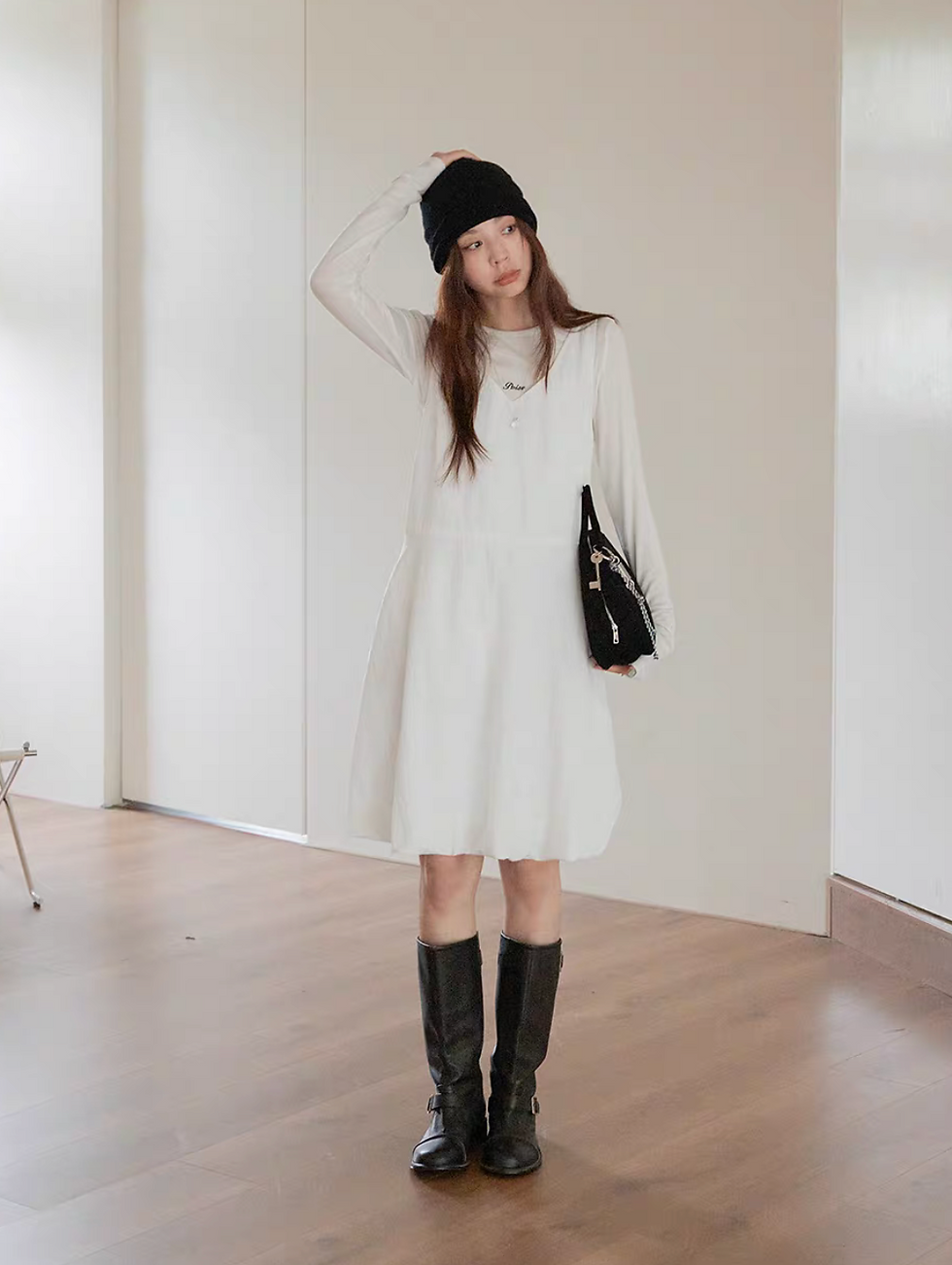 Thumbnail: Back adjusted straps cotton rayon ivory puff sleeveless dress