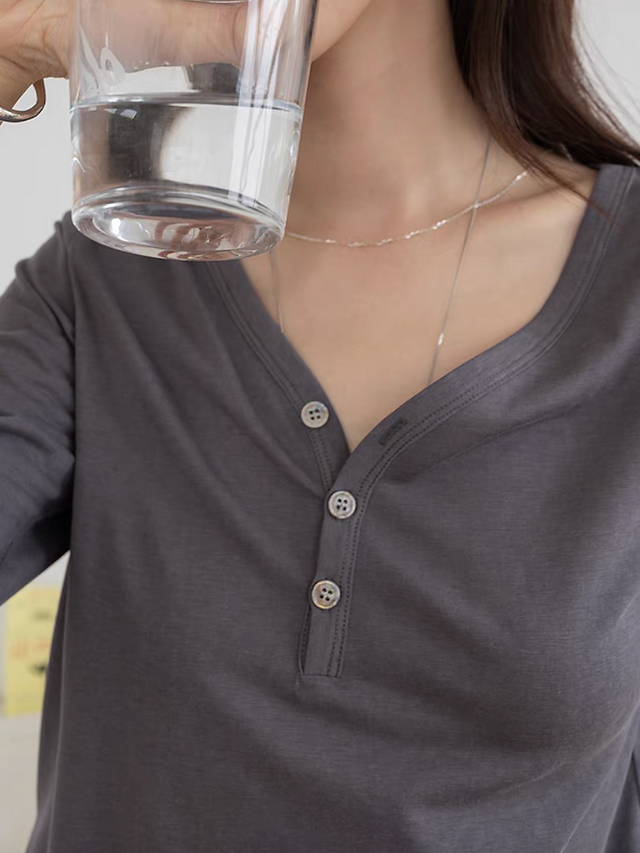 V neck buttoned strap tencel cotton two way tee 7