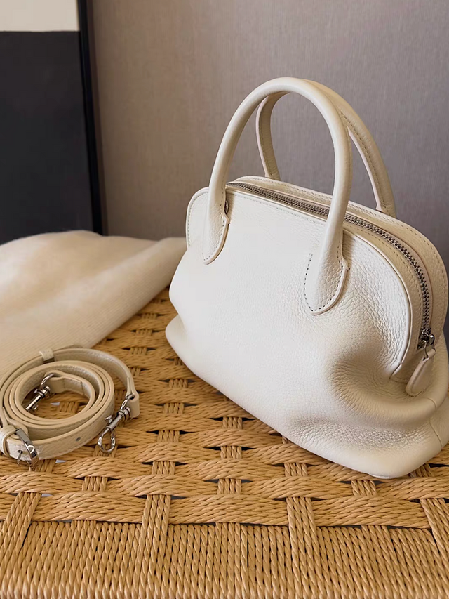 Ivory toga embossed calf leather handle + crossbody bowling bag 3