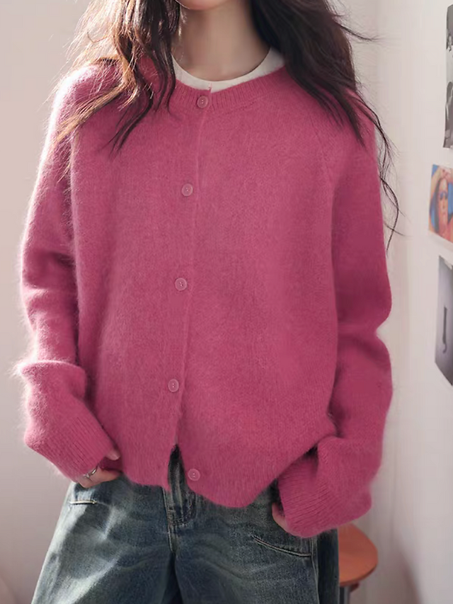 Fuchsia pink fluffy raccoon wool knitted crewneck buttoned cardigan 4