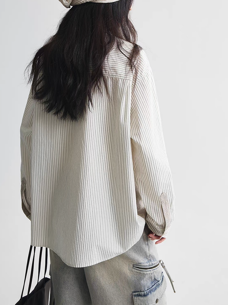 Beige cotton striped docking laced layered mid length double collars shirt 10