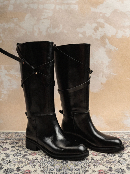 Made in Italy Italian calf leather crossed straps knee length buckle str