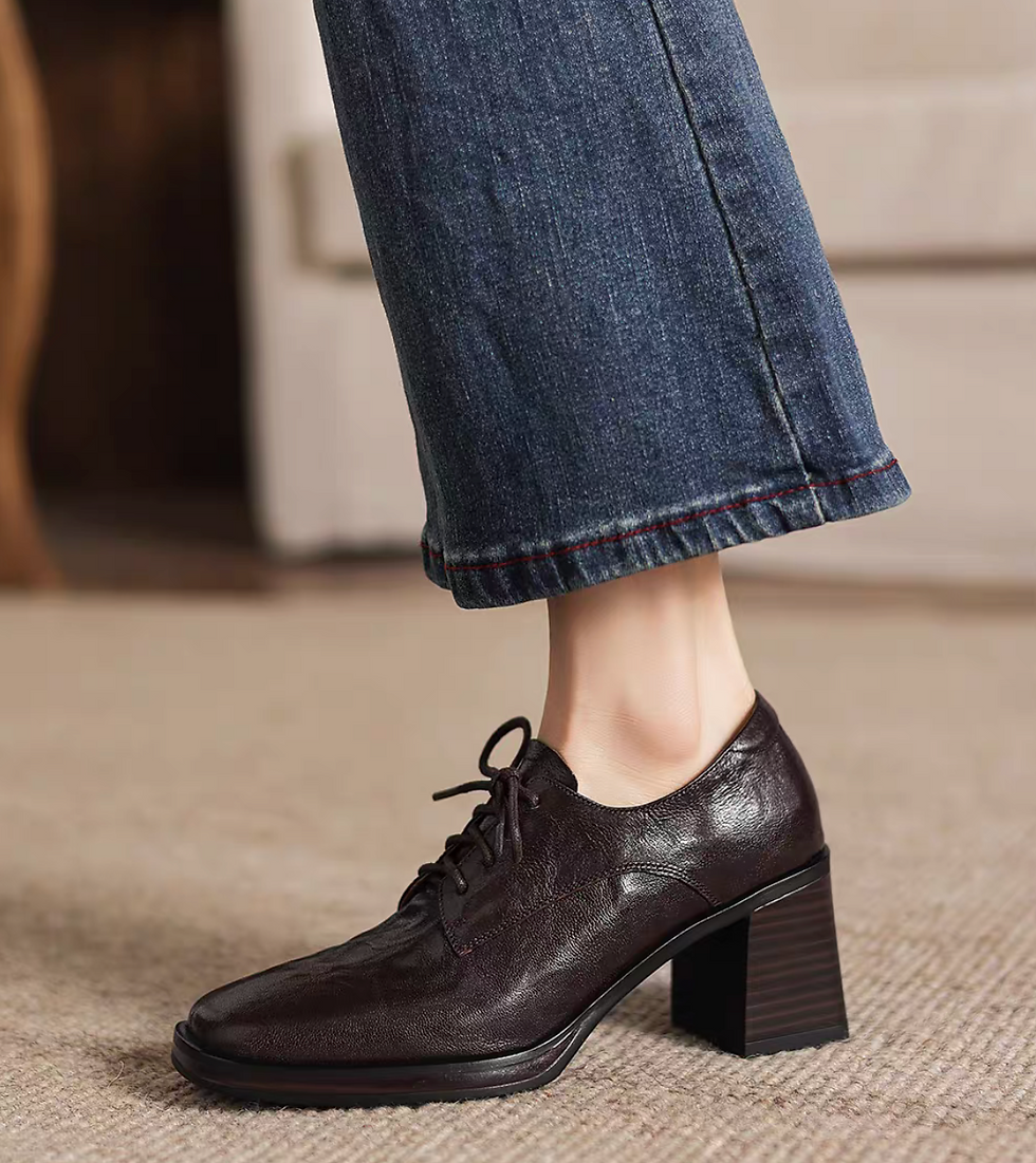 Thumbnail: Square toe embossed lambskin chunky heel lacing shoes