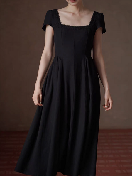 Black cotton poly lace trim square neck midi dress