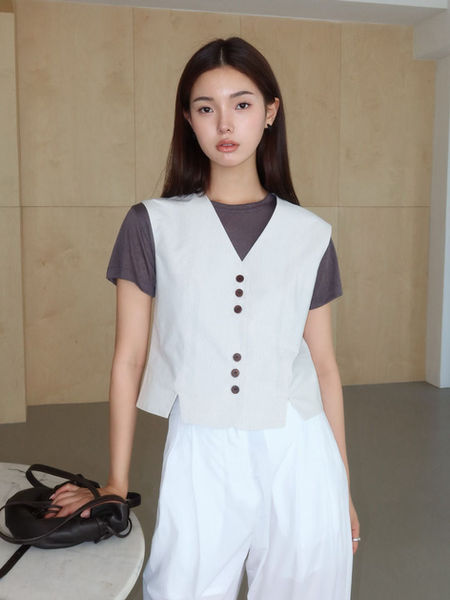 V neck triple buttoned front slits cotton poly vest 