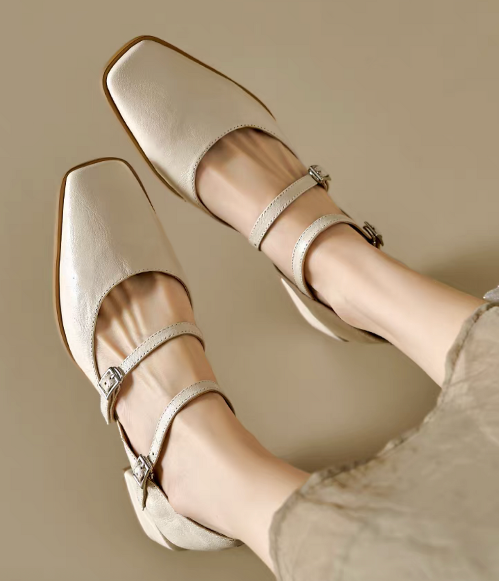 Thumbnail: Lambskin square toe double straps Mary Janes