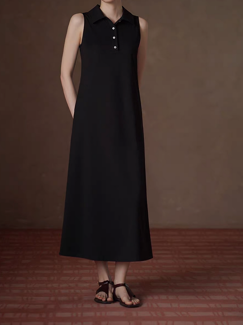 Black poly rayon polo long sleeveless dress 4