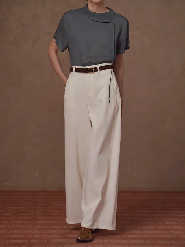 Charcoal asymmetric lyocell tencel poly shoulder knot buttoned sheer blouse 7