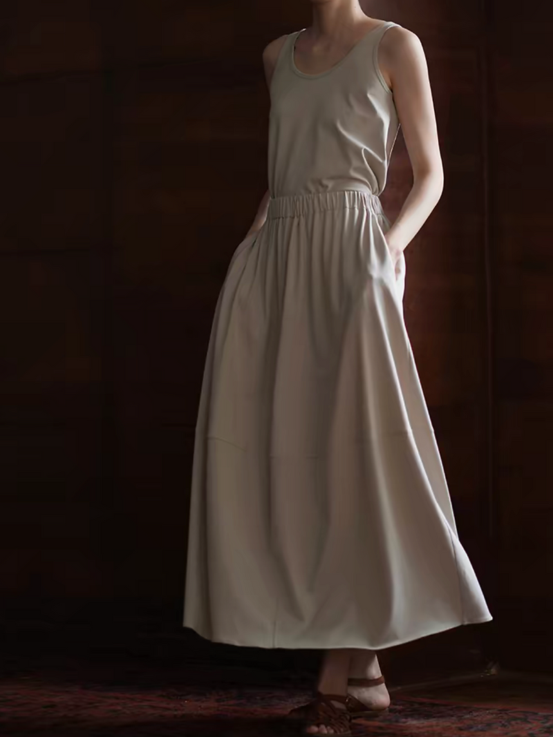 Sora beige cotton linen rayon side slit U neck vest + elasticated skirt set 1