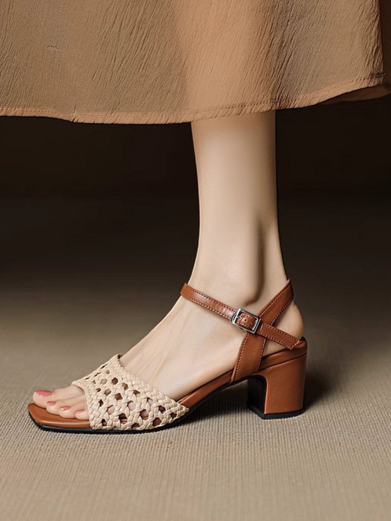 Calf leather straps crochet heel sandals 6
