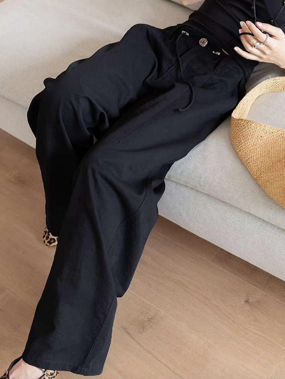 Thumbnail: Drawstring cotton linen relaxed straight pants