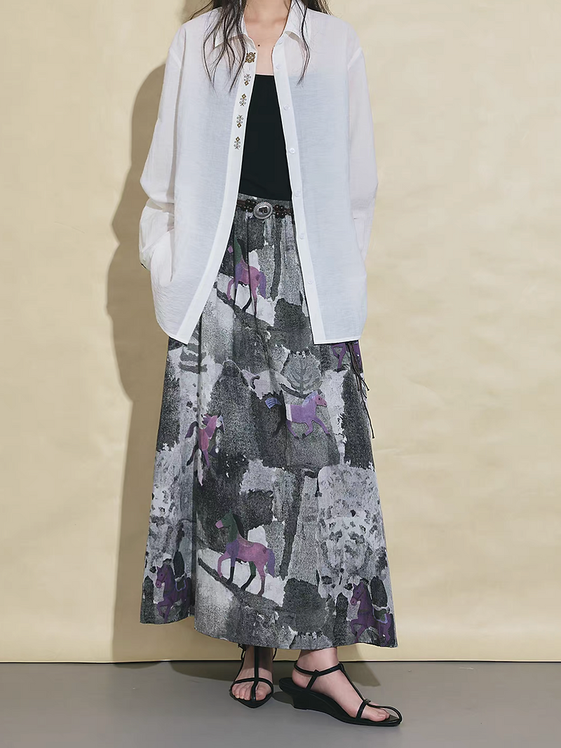 Pony print greyish purple print poly rayon back elasticated skirt 10