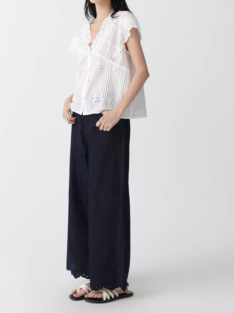 Crochet trim cotton lyocell high waisted denim pants 9