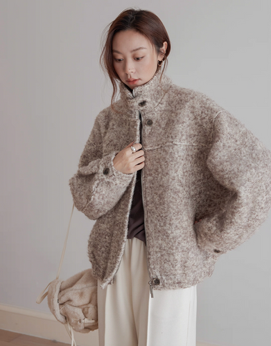 Beige color 75% alpaca wool poly fluffy buttoned strap zipper