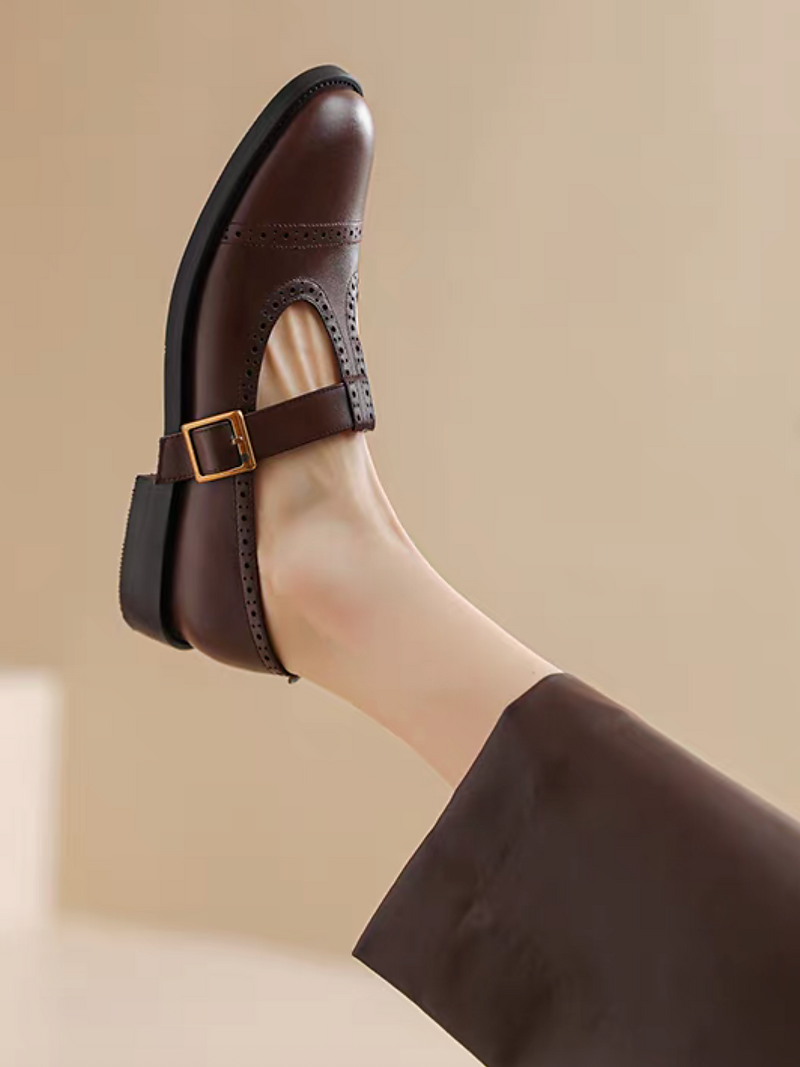 Brogue trim T strap side buckle Mary Janes 10