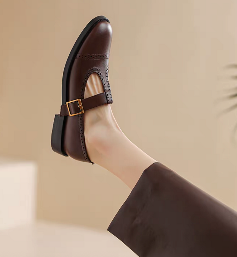 Thumbnail: Brogue trim T strap side buckle Mary Janes