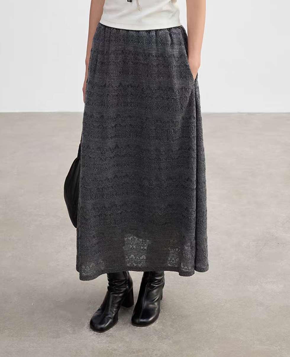 Thumbnail: Texture embossed poly rayon wool elasticated waistband fluid drape skirt