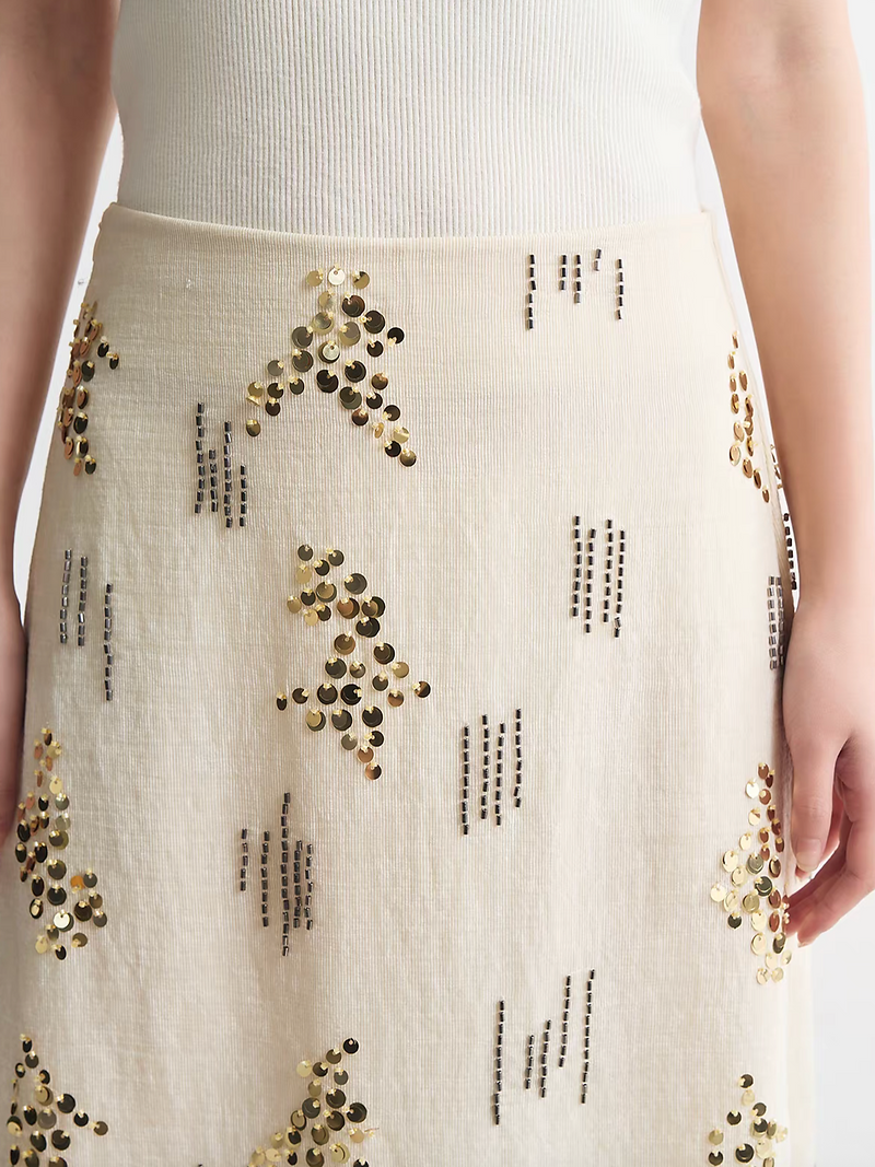 Embroidered sequins high waisted lined lyocell cotton rayon back slit skirt 3