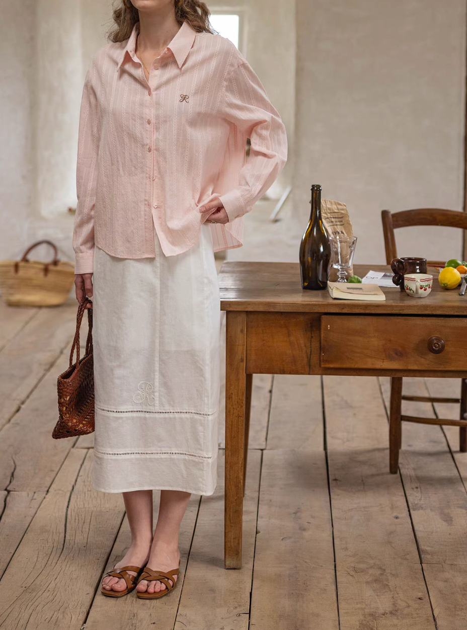 Thumbnail: Crochet linen back elasticated embroidered lined skirt