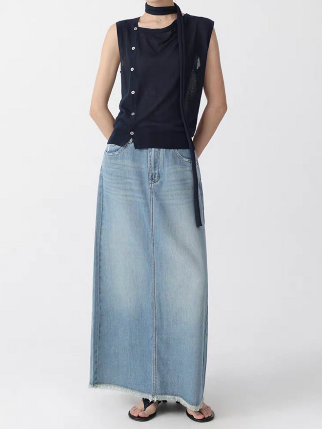 Acid washed frills trim A line back slit soft denim light blue skirt 9