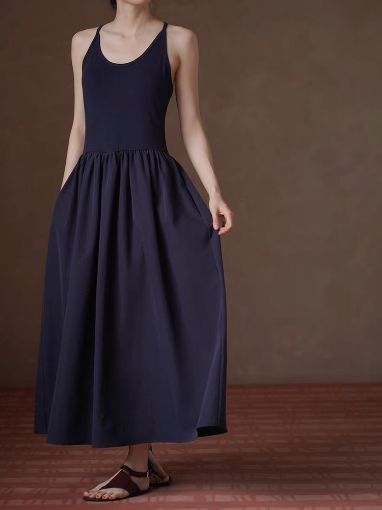 Navy halter poly maxi slipdress with side pockets 6