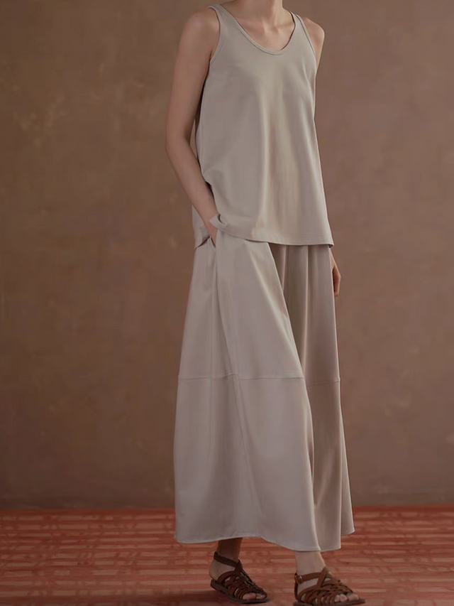 Sora beige cotton linen rayon side slit U neck vest + elasticated skirt set 10