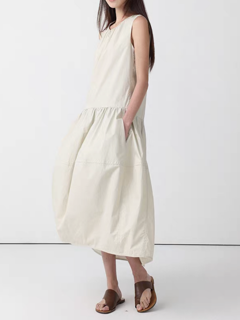Pure cotton back zipped puff maxi sleeveless dress 3