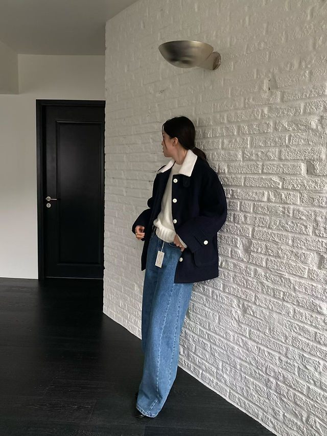 Pure merino wool navy ivory color blocking mid length polo jacket  9