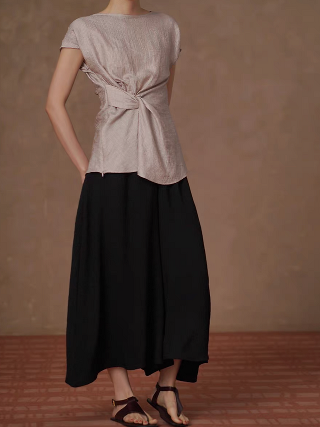 Morandi pink poly rayon embossed side twist knot mid length blouse 4