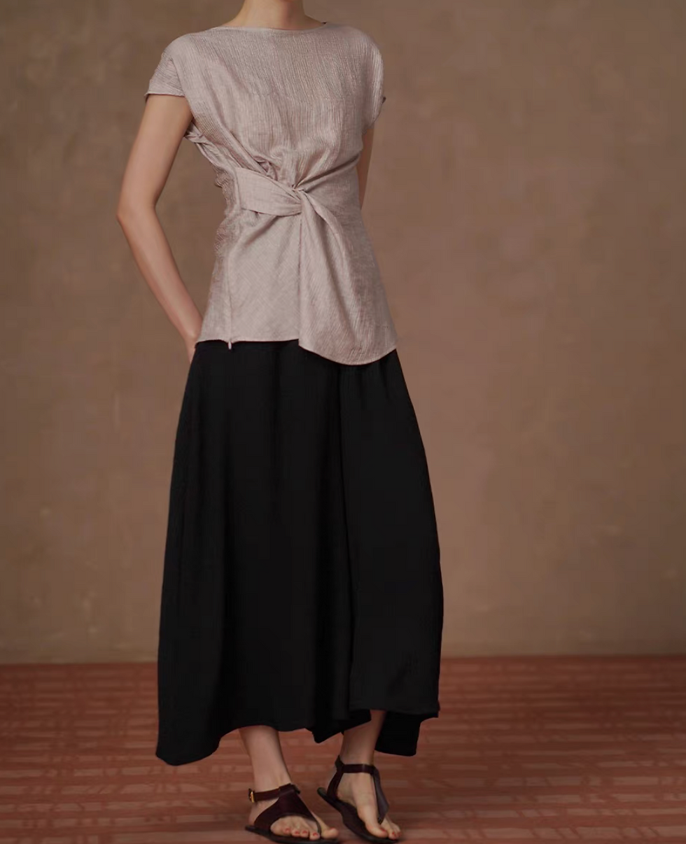 Thumbnail: Morandi pink poly rayon embossed side twist knot mid length blouse