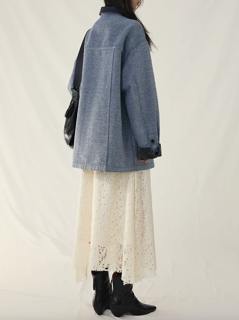 Greyish blue contour cotton rayon tweed wool docking mid length jacket 13