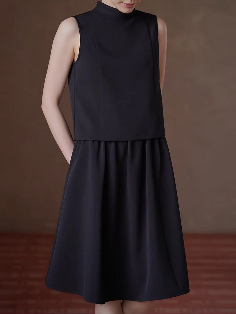 Black standing foldedcollar poly rayon vest + elasticated skirt 2 pieces set 2