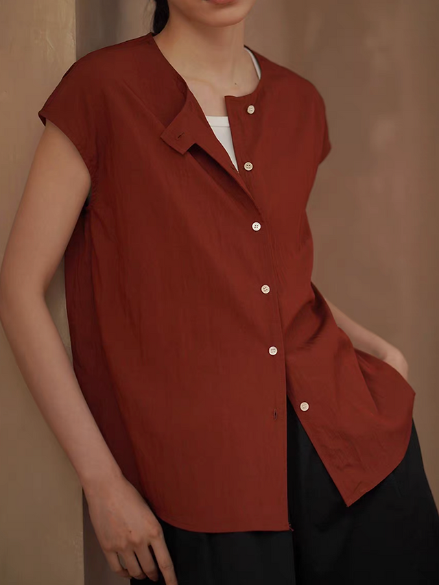 Poly rayon buttoned flutter sleeves brick red blouse 8