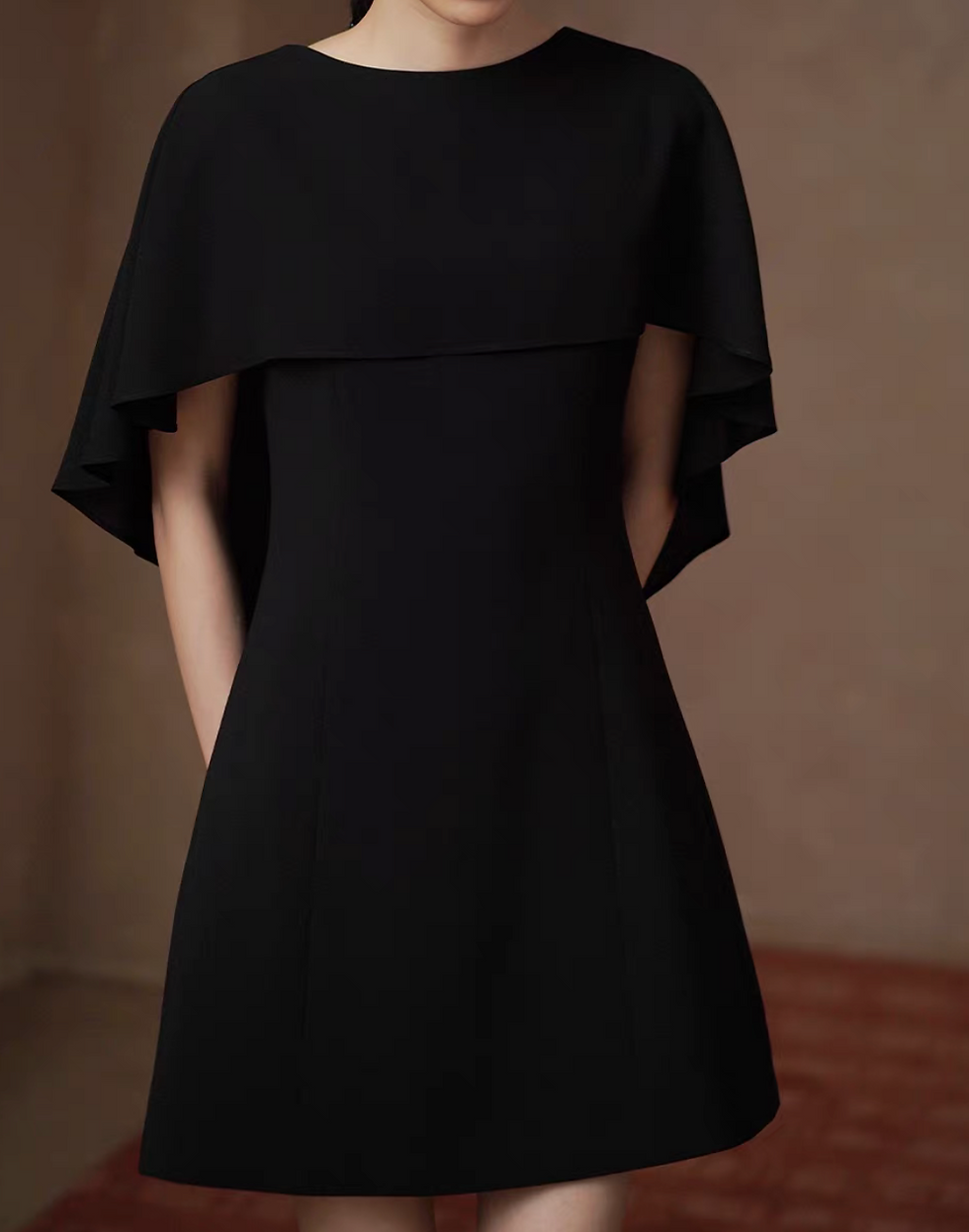 Thumbnail: Fluid drape ruffle trim low back shawl connect black poly midi dress