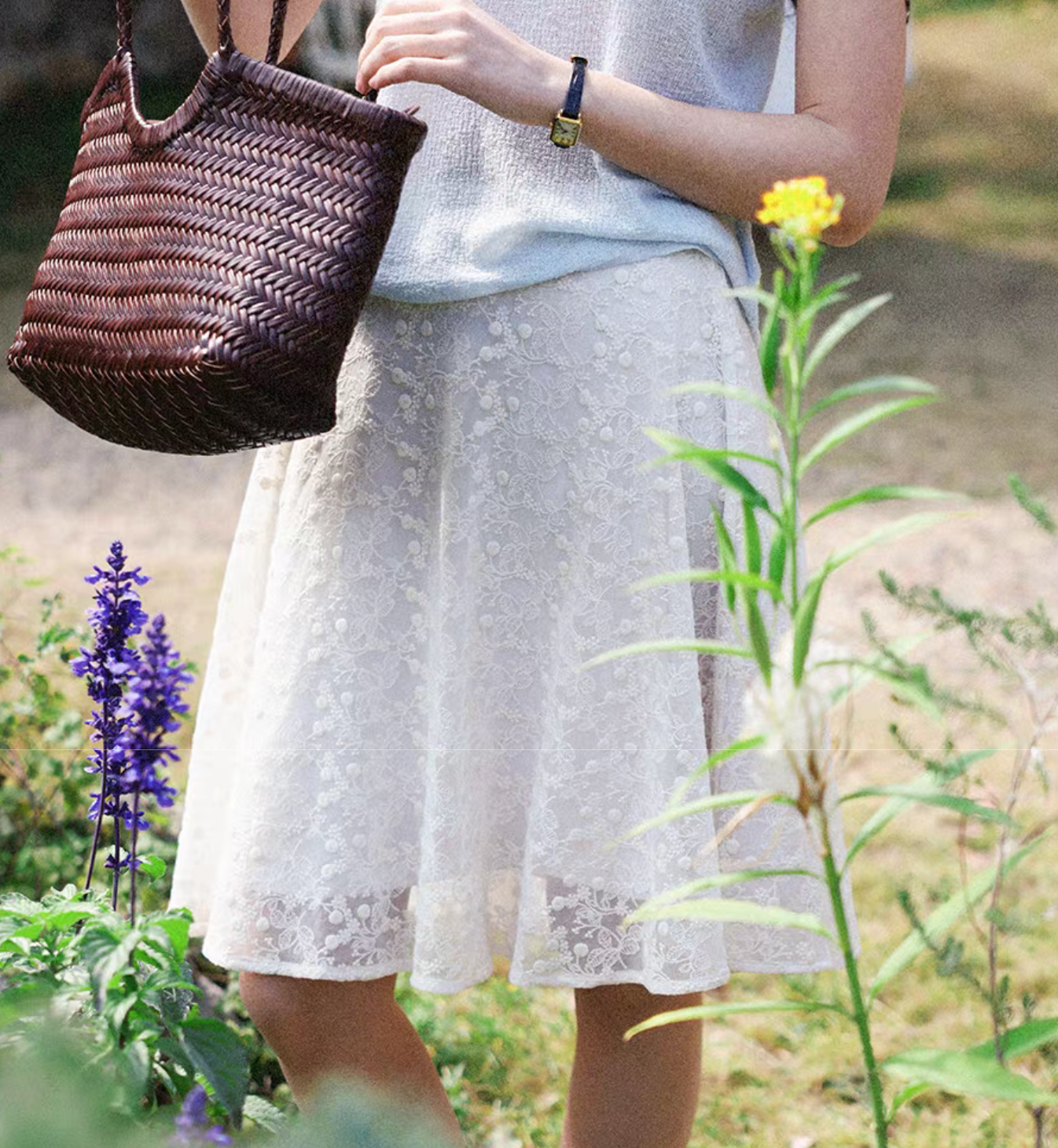 High waisted ivory floral embroidered lace layered skirt