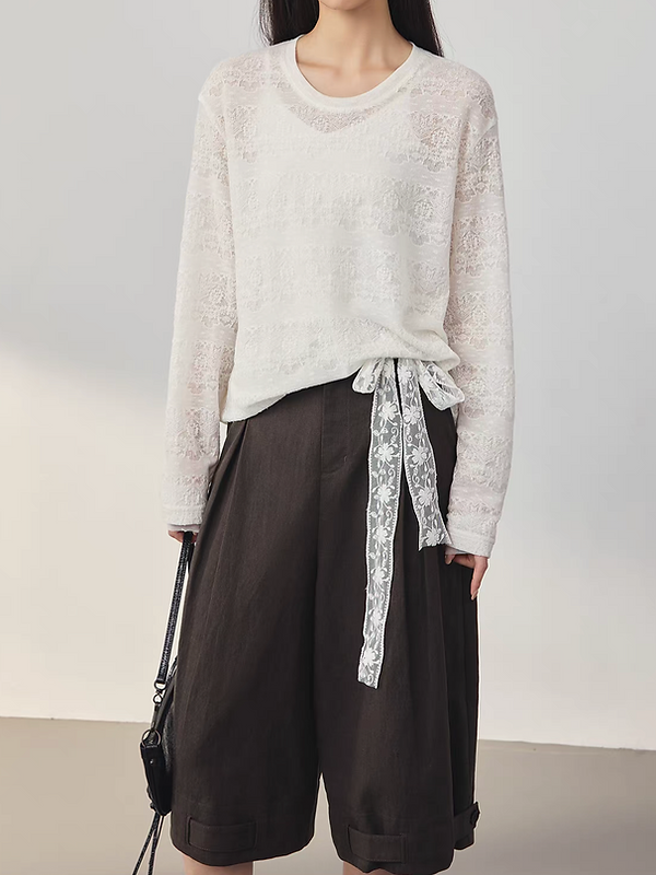 Floral crochet ivory crewneck tencel wool rayon tee / blouse