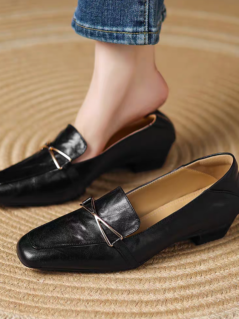 Lambskin metal deco low heel loafers 4