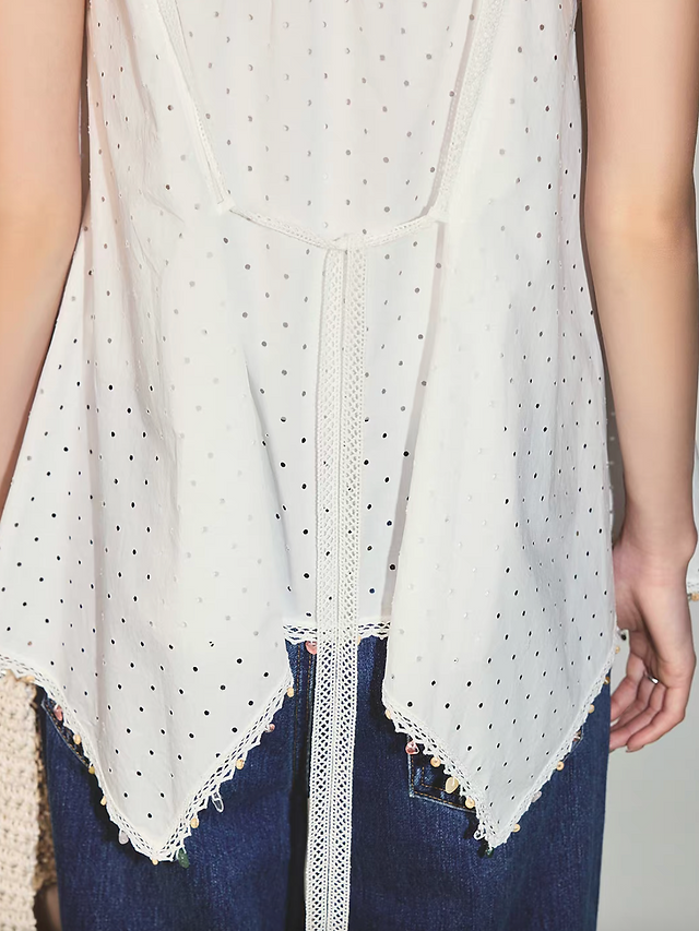 Crochet asymmetric pure cotton lace trim back knot vest 10