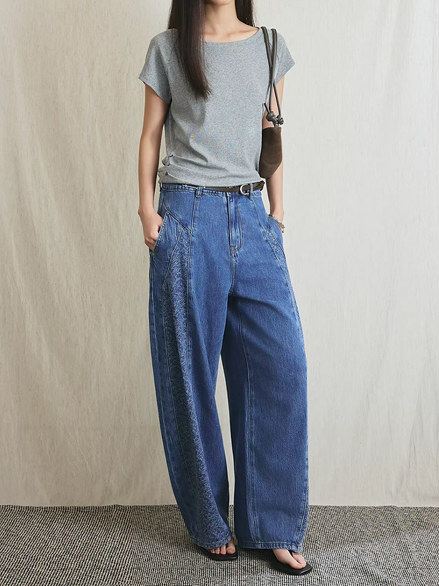 Side floral embroidered contour high rise acid washed retro blue pants 12